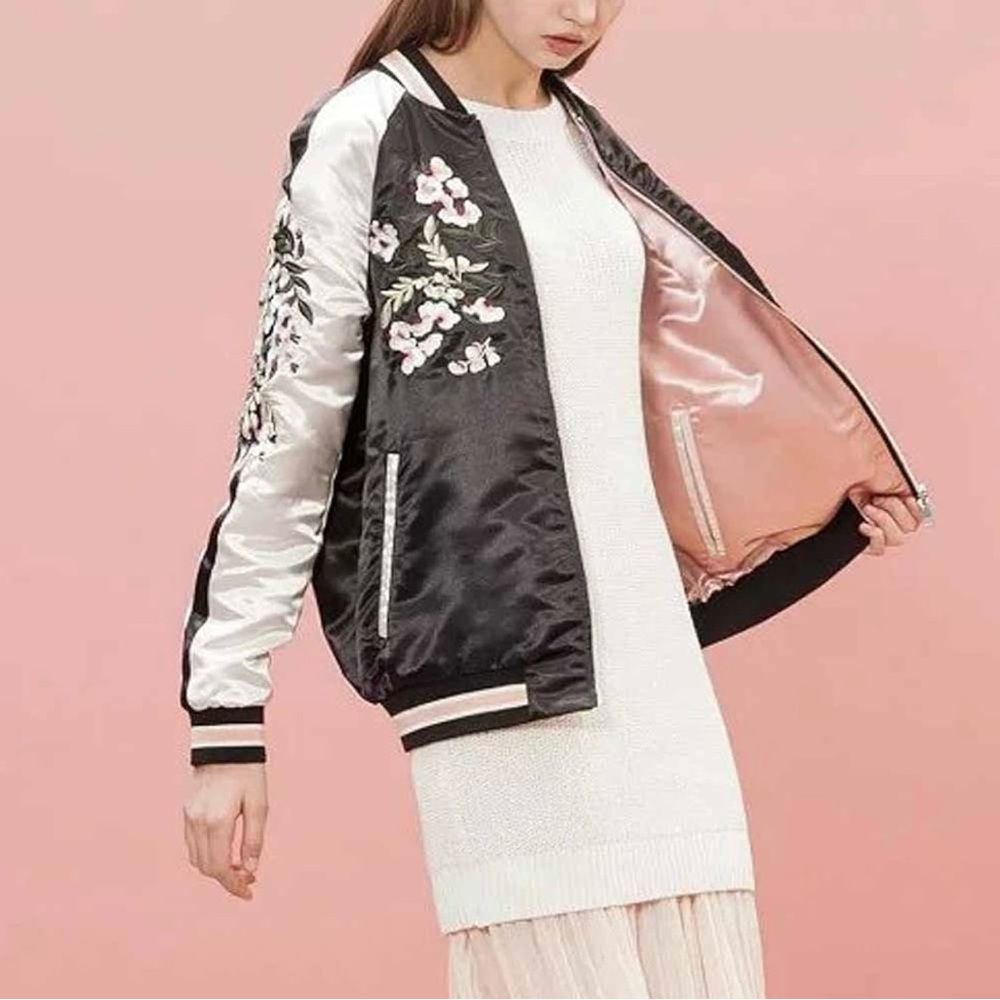 Floral Embroidered Black and White Bomber Jacket